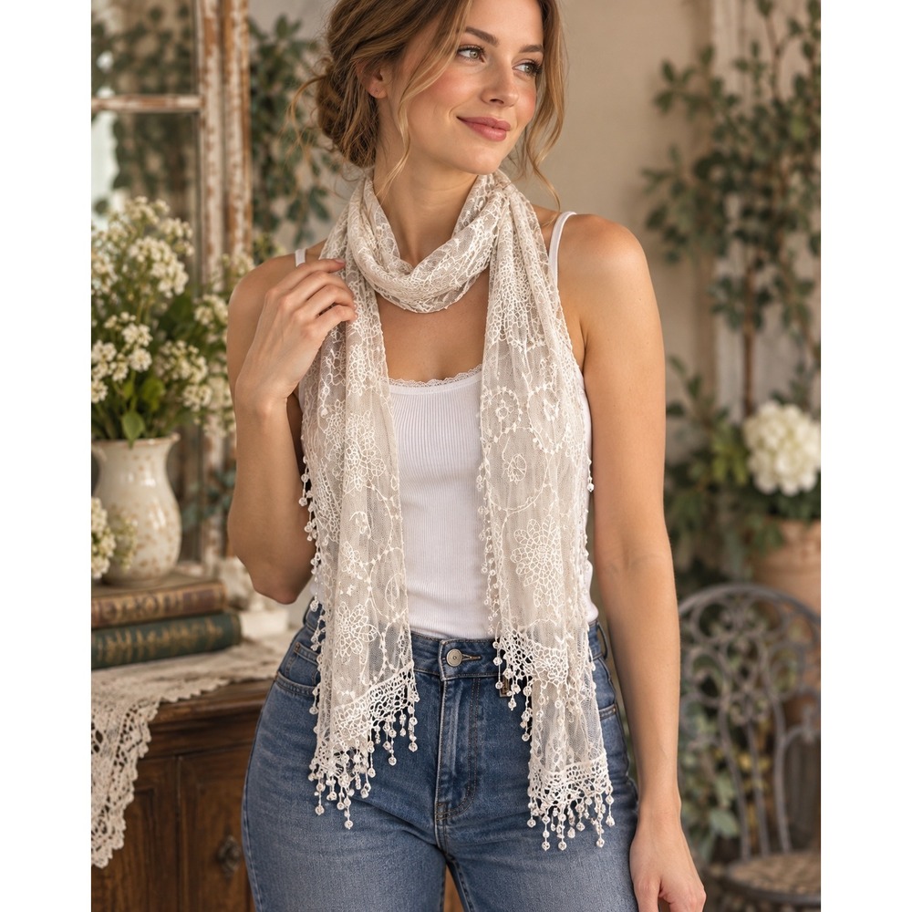 Title: White Embroidered Lace Fringe Scarf Sheer Floral Mesh Narrow Scarf
